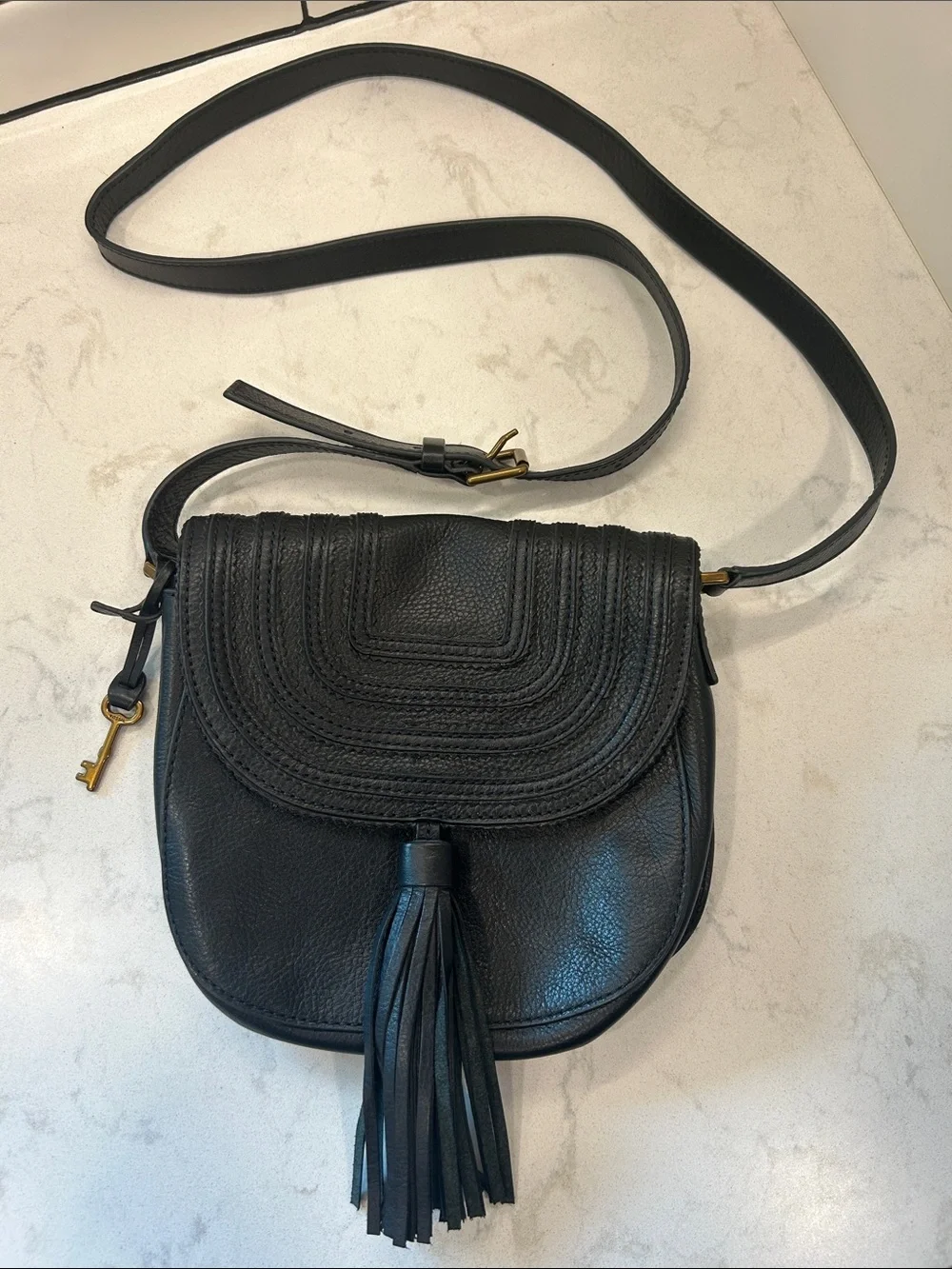 Fossil Emi Leather Tassel Crossbody Black Saddle Bag